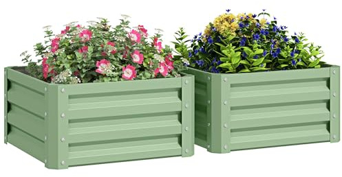 Outsunny Set of 2 Raised Garden Bed, 60 x 60 x 30.5 cm, Light Green | Outdoor Planter Box, Galvanised Steel Frame, for Growing Vegetables, Flowers and Herbs