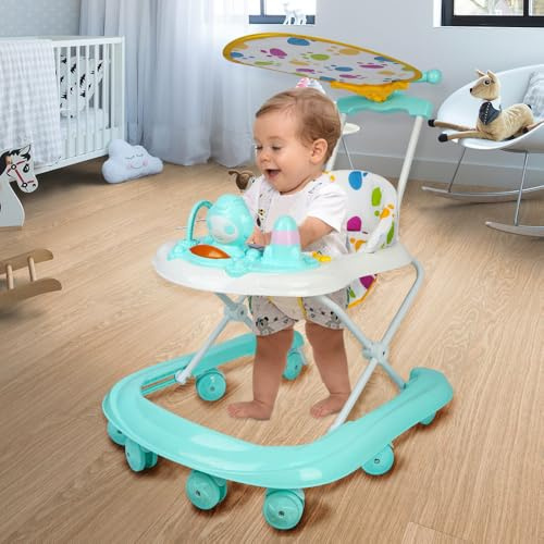 Girello per Bambini, Passeggino Primi Passi con Altezza Regolabile, Babywalker con Vassoio Rimovibile Musicale Giocattolo, per Bambini 6+ Mesi, 62 * 68 * 36-81 cm - Verde