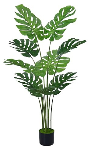 HMS Happy Memories Artificial Monstera Tree 120cm Swiss Cheese Plant | Realistic 120cm monstera with 9 large split leaves bendable stems zero care needed weighted black pot easy assembly