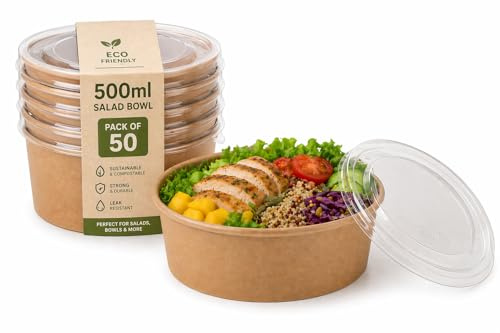 Begreen Tableware 500ml Kraft Salad Bowls with Lids 50Packs – Disposable Paper Food Containers, Leakproof Takeaway Bowls for Meal Prep, Restaurants & Delivery
