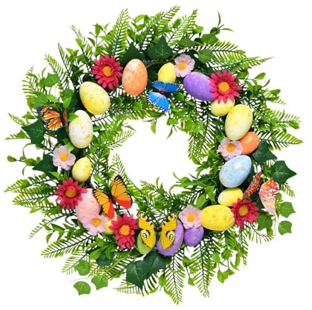 Künstlicher Osterkranz 45cm - Frühlingskranz mit bunten Eiern & Schmetterlingen - Türkranz für Haustür, Veranda, Fenster & Kamin - Osterdeko für Innen & Außen