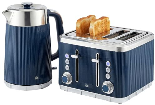 HOMCOM Electric Stainless Steel Kettle and Toaster Set 3000W 1.7L Dark Blue | UK Strix Thermostat, Fast Boil Kettle, Limescale Filter, Cool Touch Body, 4 Slice Toaster, 7 Browning Levels
