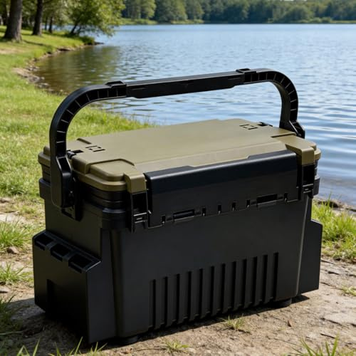 Angelkoffer Groß mit 2 Rutenhaltern & Getränkehalter, 11L Angelbox 2 Etagen | Wasserdichte Angelkiste mit Arbeitsfläche, Tackle Box Organizer für Köder & Haken, Belastbar bis 150 kg, Sitzfunktion, Grün