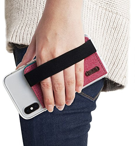 Ringke Flip Phone Card Holder with Elastic Hand Strap Band 3M Stick on Adhesive Wallet Multi Slot Card Wallet Credit Card Mini Pouch Attachment for iPhone, Galaxy, LG, Google Cases - Deep Pink
