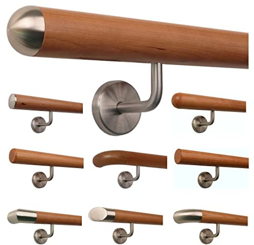 TIBU Corrimano in legno di ciliegio da 0,3 m a 5 m, lunghezza 120 cm, estremità semicircolare in acciaio inox e 2 supporti angolati