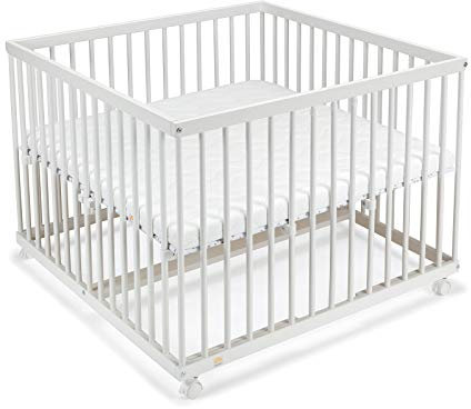 FabiMax Baby Laufgitter 100x100 Weiß lackiert, Stufenlos höhenverstellbar, mit Schlupfsprossen, Laufstall aus massivem Buchenholz (Matratze Classic)