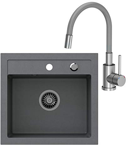 VBChome Fregadero de cocina gris 50 x 47 cm con grifo flexible, empotrable, con sifón, lavabo de granito compuesto y grifo monomando giratorio 360° inox