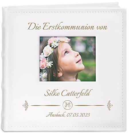 Maverton Einsteckalbum mit Aufdruck - 21x22cm - Fotoalbum für 200 Fotos 10x15cm - 100 Seiten - Weiß - Geschenk für Kind zur Geburt Taufe Kommunion Geburtstagsgeschenk - Hostie