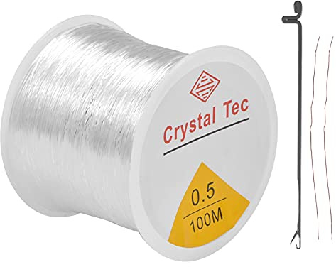 Jinlaili 0.5mm Klar Fäden für Armbänder, Elastisch Schmuckfaden, Gummifaden, Unsichtbares Faden, Elastische Nylonschnur, Kristall Bastelschnur für Armbänder Perlenschmuck Basteln,100m,mit Perlen Nadel