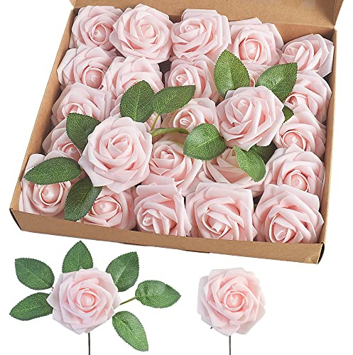 homEdge Lot de 25 Roses artificielles en Mousse avec Tige pour décoration d'intérieur, Bouquet de Mariage, fête, certerpieces - Rose Champagne