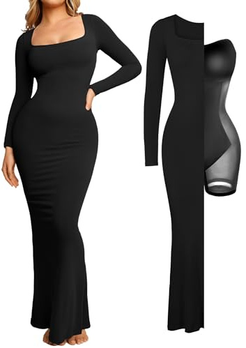 Popilush Formal Cocktail Dress - Shapewear Long Sleeve Maxi Dresses for Women Fall Square Neck Bodycon Dress Built-in Bra Black