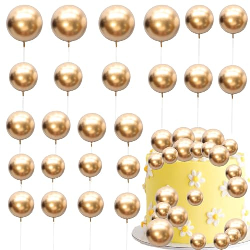 Gyufise 30Pcs Mini Balloon Cake Topper Foam Ball Cake Picks Cupcake Faux Pearl Balls DIY Cake Insert Topper Decoration for Anniversary Graduation Birthday Party Baby Shower Gold