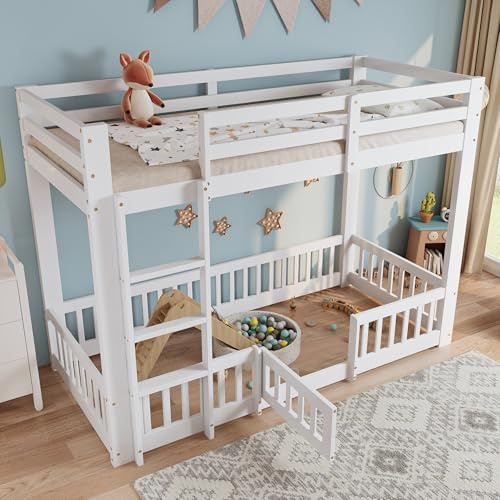 Merax Hochbett für Kinder 90x200cm, Etagenbett mit rechtwinkliger Leiter & Zäune & Türchen, Kinderbett aus Holz mit Rausfallschutz und Lattenrost, Holzbett für Mädchen & Jungen, Massivholz, Weiß
