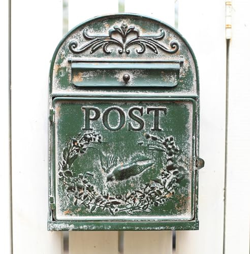 BIG FORTUNE Antique Style Vintage Wall Mount Mailbox - Dark Green Metal Outdoor Decor