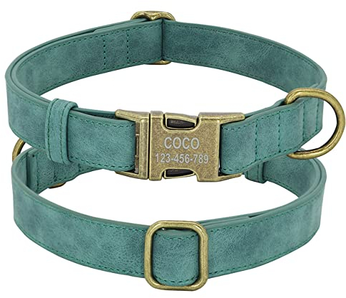 PUYYDS Personalisiertes Hunde-ID-Halsband Hundemarken-Halsbänder mit Metallschnalle Leder gepolstert für kleine mittelgroße Hunde Pitbull Buldog