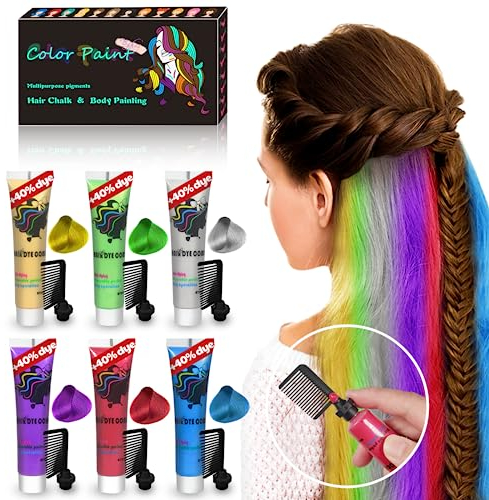 Upgraded 40% Temporäre Haarkreide, 6 Farben zur Auswahl Temporäre Haarkreide Kamm Leicht zu reinigende Haar Kreide, Geburtstag/Weihnachten/Halloween Geschenk für Mädchen