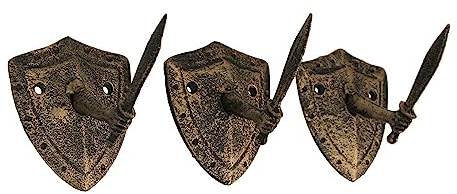 Zeckos Wandhaken aus Gusseisen, Bronze, Schwert und Schild, 3 Stück
