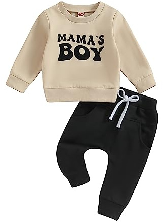 Himllauen 2 Pezzi Completi per Bambino Neonato Set di Vestiti Estivi Girocollo Top con Maniche Lunghe e Pantaloni con Tasca Tuta per Ragazzi 0-3 Anni (Albicocca Mama's Boy 2, 6-12 Mesi)