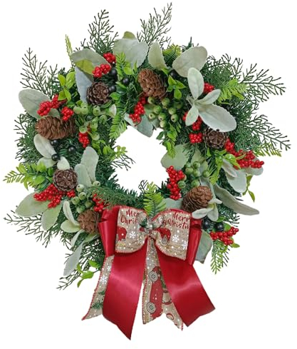 CULASIGN Weihnachtskranz für Tür, Weihnachten Türkranz mit Tannenzapfen, Schleife und Beeren, Adventskranz Dekokranz Weihnachtsdeko für Tür Wand Haus Tisch Fenster (40CM)