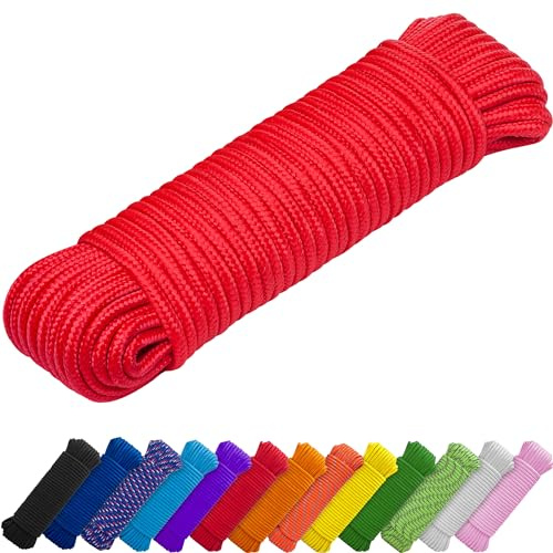 TECEUM Corda - 27,5 m x 10 mm Rosso - Corda multiuso da campeggio | Lavoretti, pennone, interni ed esterni - Corda intrecciata a rombi in polipropilene e nylon, leggera, resistente ai raggi UV