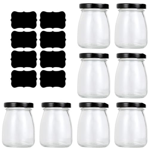 YankMooM Lot de 8 mini bocaux ronds en verre avec couvercles, 100 ml, mini pots à lait, confiture avec couvercles noirs pour pudding, yaourt, confiture, miel, gelée, mousse, épices
