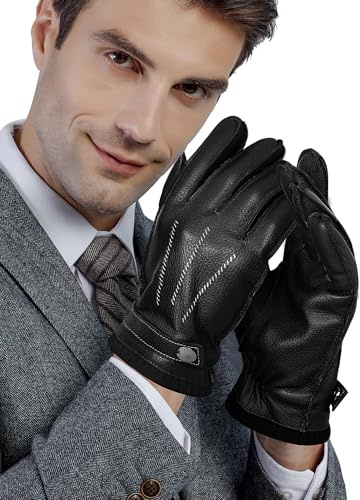 GSG SINCE 1998 Chromfrei Lederhandschuhe Herren Winter | Fahrhandschuhe mit warmer Wollfütterung Touchscreen Lammfell handschuhe