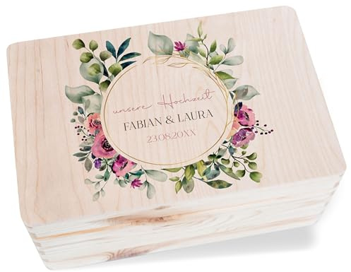 Holzkiste - Erinnerungsbox Unsere Hochzeit mit Blumenkranz personalisiert | Geschenke zur Hochzeit - 30x20x14 cm - Holz - wedding gifts for the couple, box liebe brautpaar ehe erinnerungskiste