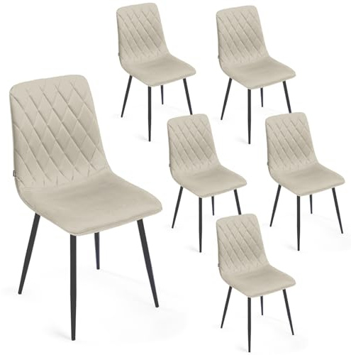 Mevsim Store Esszimmerstühle 6er Set Creme – Samt Gepolstert mit Rautensteppung – Stühle Esszimmer Modern & Bequem – Küchenstühle mit Metallbeinen Schwarz – Essstühle für Küche & Wohnzimmer