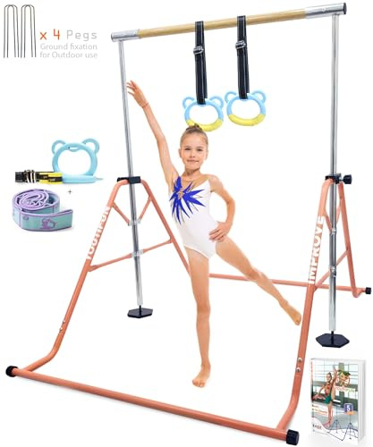Foldable Fiberglass Gymnastics Bar Set with 5 Adjustable Heights | 39 mm Professional Fiberglass 62 inches bar, Ages 3 to 12, Foldable Design, Kids Gym Equipment, 5 Height Settings