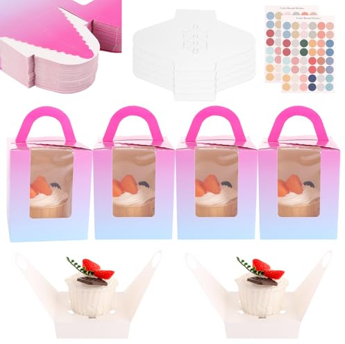 ASelected Single Cupcake Boxes, Pink, 9 x 9 x 11 cm, 50 Pcs | Clear Display Window, Individual Cupcake Box, 96 Stickers, For Cupcakes Desserts Pastries Small Cakes Candy