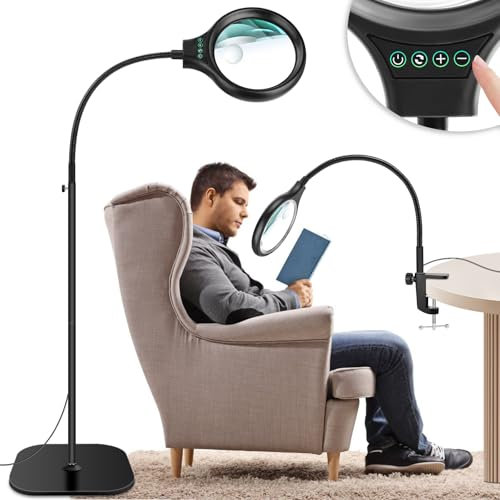 NZQXJXZ 3-in-1 Magnifying Glass with Light and Stand, 30X 10X Flexible Gooseneck Floor Magnifying Lamp with 36 LEDs, 3 Color Modes, Desk Magnifier with Clamp for Reading, Sewing, Crafts, Hobbies