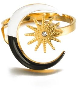 Hmsanase Ring Ringe Damen Bijouterie Herren Emaille Schwarz Weiß Mond Stern Ring Für Frauen Verstellbare Open Finger Party