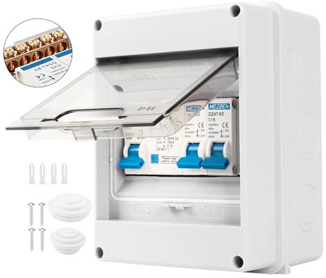Consumer Unit 2 Way IP65 Protection Consumer Unit Circuit Breaker Consumer Unit Anti-Leakage Fuse Box for Garages, Caravans, Workshops 40A 30mA RCD 2MCB 6A+16A