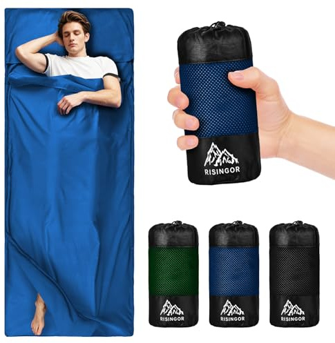 Risingor Sacco Lenzuolo Ultraleggero, Sacco a Pelo 4 Stagioni, Campeggio Adulti e Bambini, Cotone, Blu