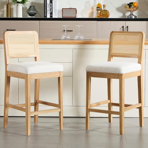 chairus Kitchen Bar Stools Set of 2 Upholstered High Chair in Chenille Fabric Mid-Century Breakfast Counter Stool with Wooden Legs (White-2)