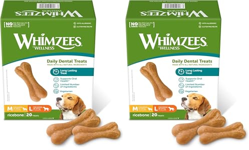 WHIMZEES by Wellness Reisknochen, Kauknochen für große Hunde, Hundesnack zur Zahnpflege, Größe M/L, 20 Stück, 360 g, ohne Zuckerzusatz, glutenfrei, natürlich, fettarm (Packung mit 2)