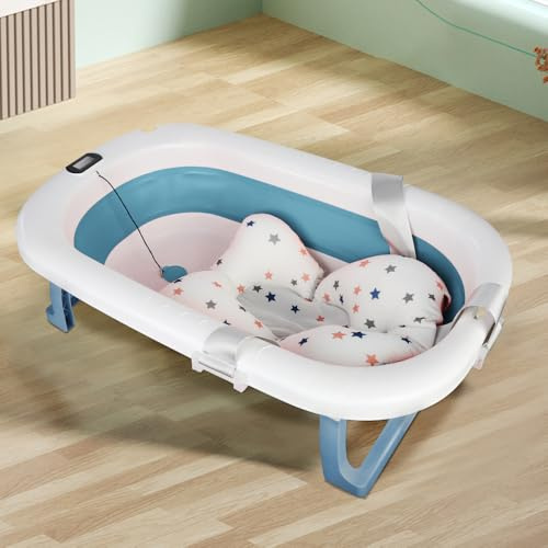 Vikbart babybadkar, babybadkar, babybadbassäng med temperaturvisning, 76 x 45 x 18 cm (blå)