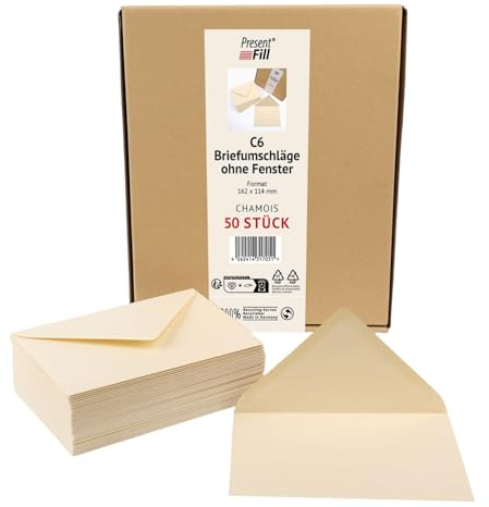 PresentFill® 100 x Briefumschläge Chamois Beige Creme C6-162 x 114 mm ohne Fenster I 100% Recycling Kraftpapier I 120 g/m² stark I Blauer Engel zertifiziert I Made in Germany