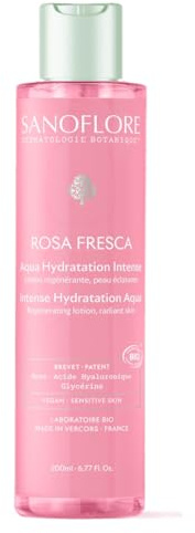 Sanoflore Rosa Fresca Aqua Hydratation Intense Bio – Lotion Visage Peaux Sensibles – Éclat Immédiat & Hydratation 48h – Rose de Damas & Acide Hyaluronique Naturel - 200 ml