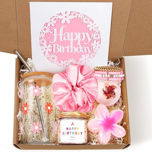 Frerdui Birthday Gifts Box for Women & Teen Girls, Cute Pink Daisy Glass Cup Gift Set for Women(7PCS), Happy Birthday Presents for Her, Friends, Mum, Wife, Sister, Daughter, Besties