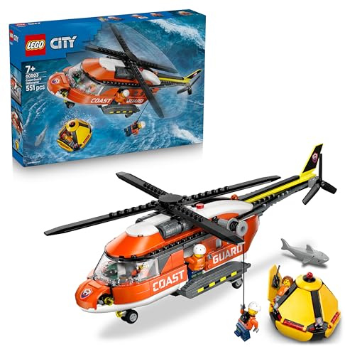 LEGO City L’Hélicoptère des Garde-Côtes - Jouet - Maquette de Véhicule de Secours avec Portes Coulissantes, Treuil, 4 Minifigurines & Figurine de Requin - Cadeau d'Anniversaire pour Garçon 7 ans 60503
