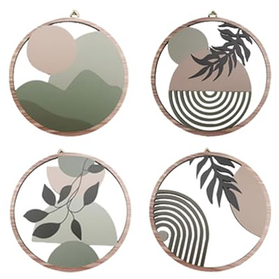 4 Stück Holz Boho Wand Deko Botanische Wanddeko Set Runde Holz Wandbilder Hölzerne Botanische Wanddekos Boho Wanddeko Grün Modern Bohos Design Minimalistische Wandkunst für Wohnzimmer, Schlafzimmer