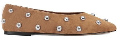 MAIJED Studded Flats for Women Square Toe Slip On Ballet Flats Casual Comfotable Walking Ballerina Shoes Suede Brown US7