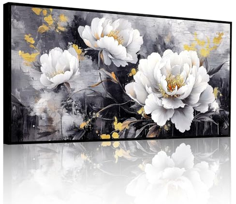 JHHUAMO Wandbilder Wohnzimmer Groß, Natürliche Leinwand Bilder mit Rahmen, Weiße Blumen GemäLde, Modern Aesthetic Botanische Wanddekoration für Schlafzimmer Flur Büro 60x120 cm