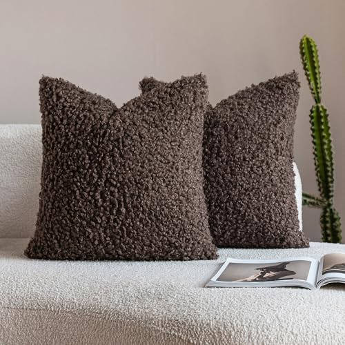 Neelvin 2er Set Dekorative Kissenbezug Teddy Wolle Künstlich Pelz Kissenbezüge Weiche Plüschkissen Kissenhülle Bouclé Zierkissenbezüge Sofakissen für Sofa Schlafzimmer Wohnzimmer 60x60cm Schokoladen