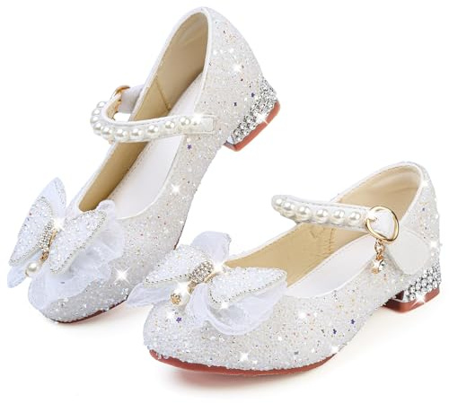 GOGOUP Princess Shoes Girls Mary Jane Low Heels Toddler Glitter Party Wedding Shoes Birthday Cosplay Prom Dress Up Dance Shoes White UK10