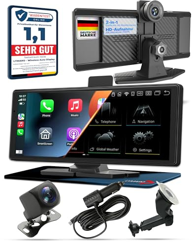 Lymaro Wireless CarPlay Display & Android Display fürs Auto, tragbares Apple Auto CarPlay Display & Android mit Bluetooth & FM, Dashcam & Rückfahrkamera (schwarz)