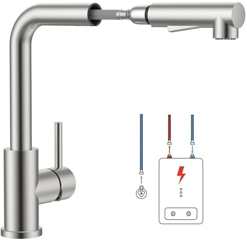 YUHUBY Grifo de cocina de baja presión extensible, baja presión con 3 conexiones para aparatos de caldera y debajo de la mesa, grifo de cocina de acero inoxidable cepillado, grifo de fregadero con 2