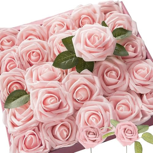 Kinesgsg 25 stycken konstgjorda rosor blomma, skumrosor falsk ros, falsk skum rosor huvuden med stjälk, verklighetstrogen, för alla hjärtans dag, födelsedag, fest, bröllop, dekoration (rosa)