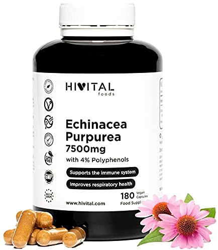 Equinácea 7500 mg. 180 cápsulas veganas para 6 meses de tratamiento. Extracto Natural de raíz de Echinacea Purpurea con 4% en Polifenoles. Fabricado en España por HIVITAL